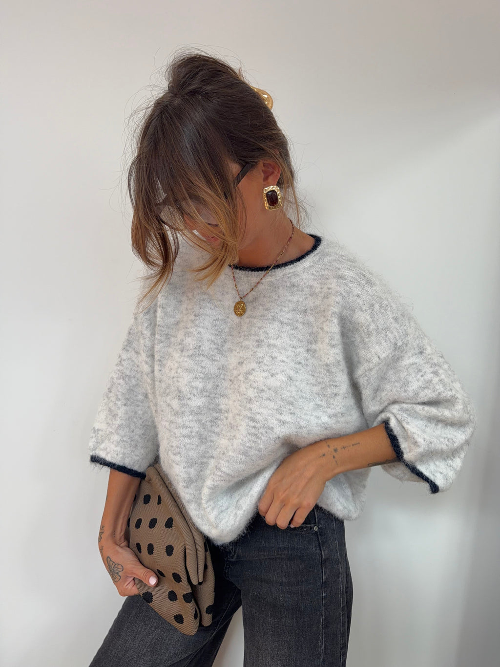 Pull avec détail col - gris et bleu marine