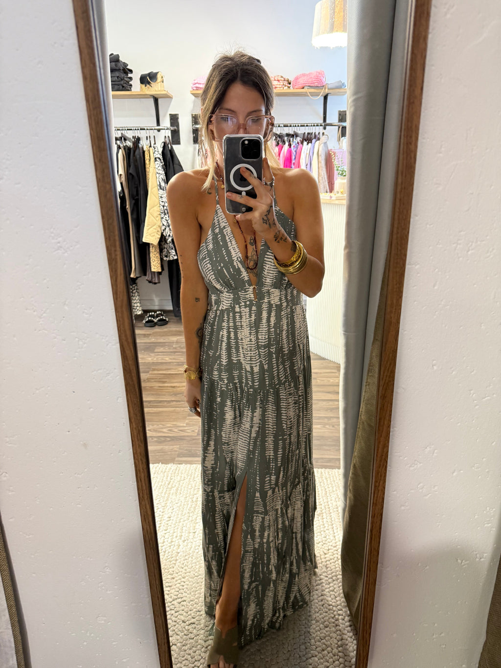 Robe dos nu à motifs - kaki