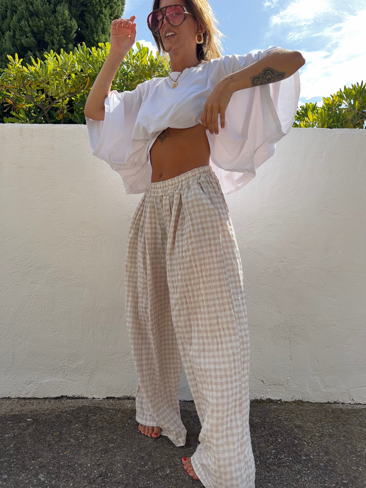Pantalon à carreaux - beige clair