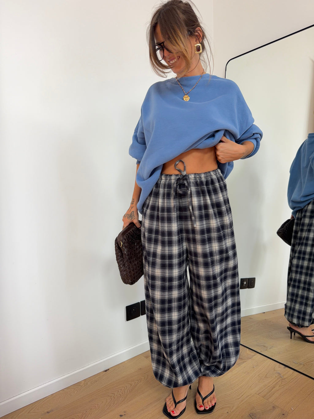 Pantalon à carreaux - bleu et beige