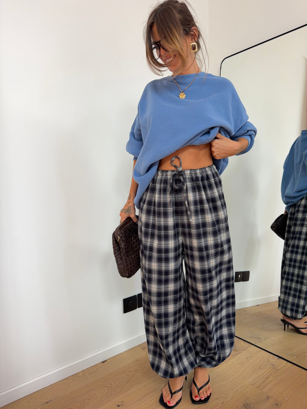 Pantalon à carreaux - bleu et beige