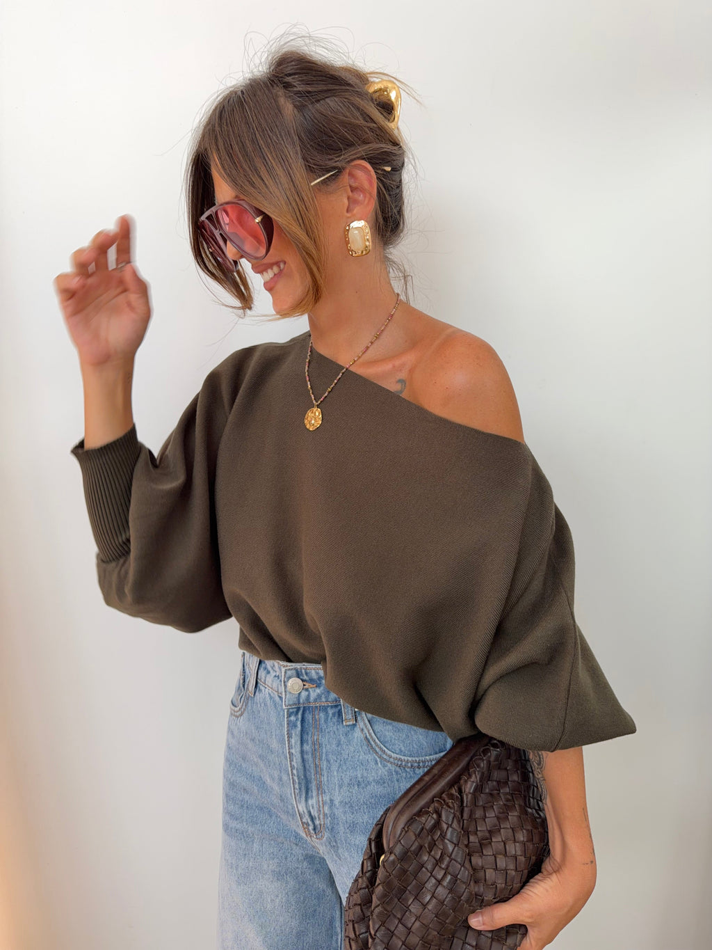 Pull asymétrique court - kaki
