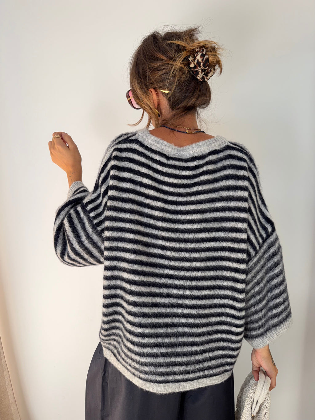 Pull manches 3/4 rayé - bleu marine