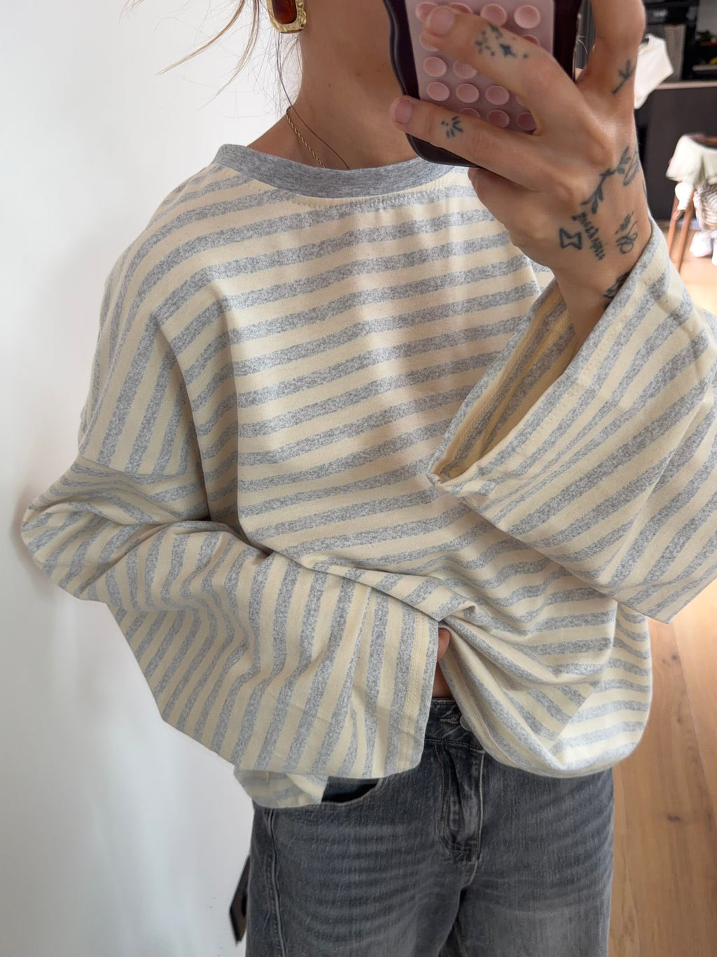 T-shirt manches longues rayé - gris et beige