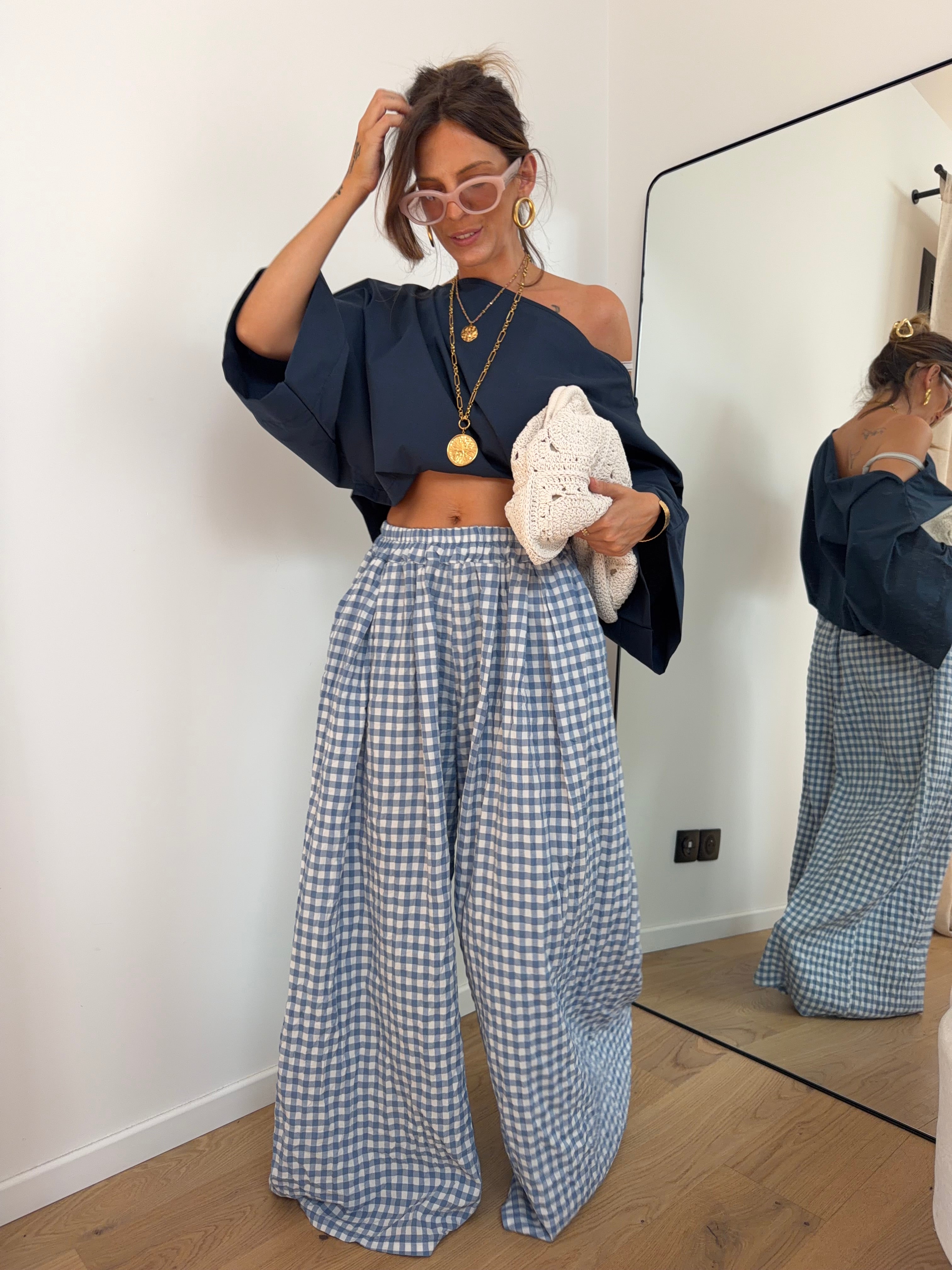 Pantalon large à carreaux - bleu clair