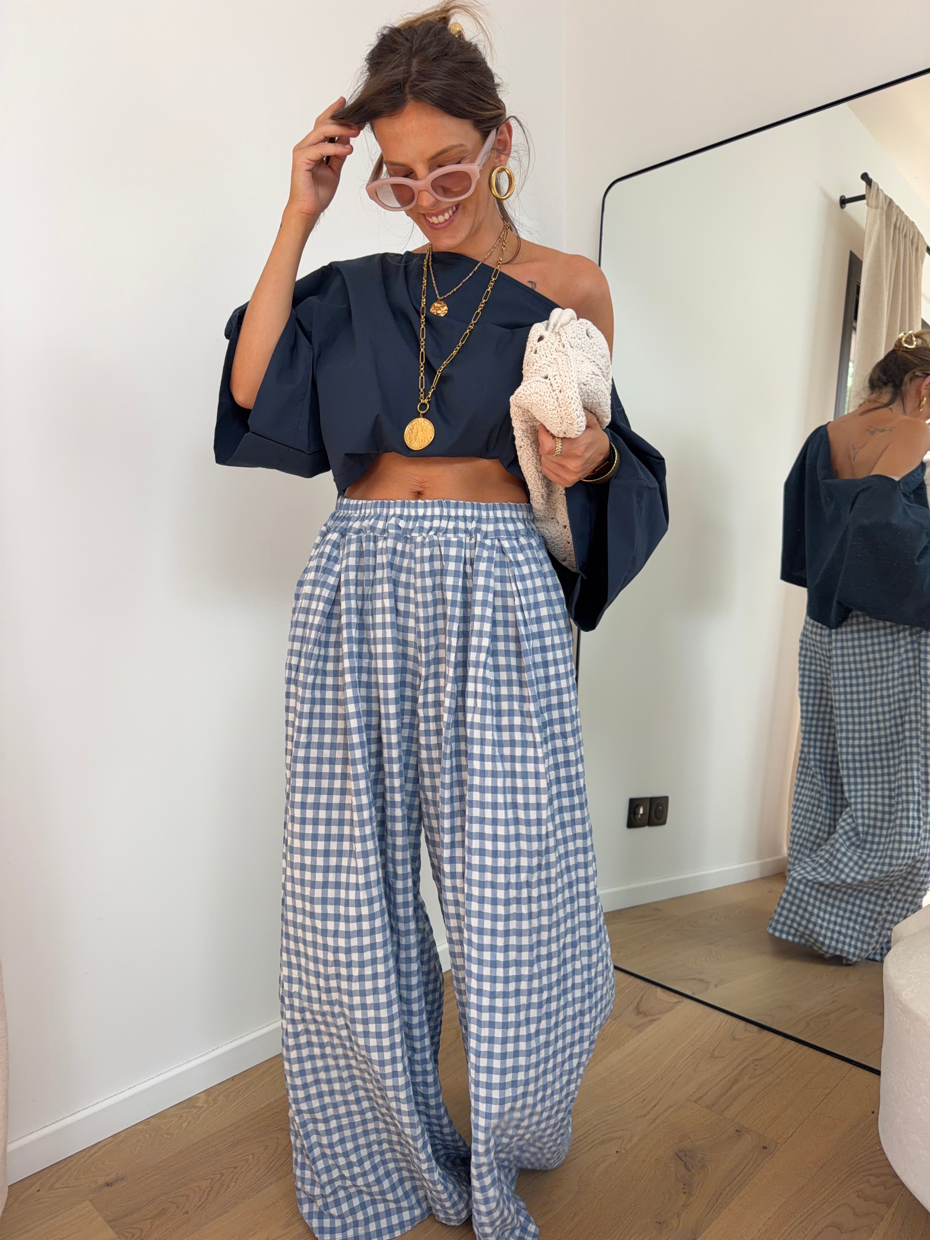 Pantalon large à carreaux - bleu clair
