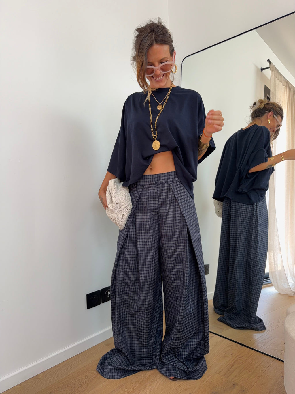 Pantalon large à carreaux - bleu marine et gris
