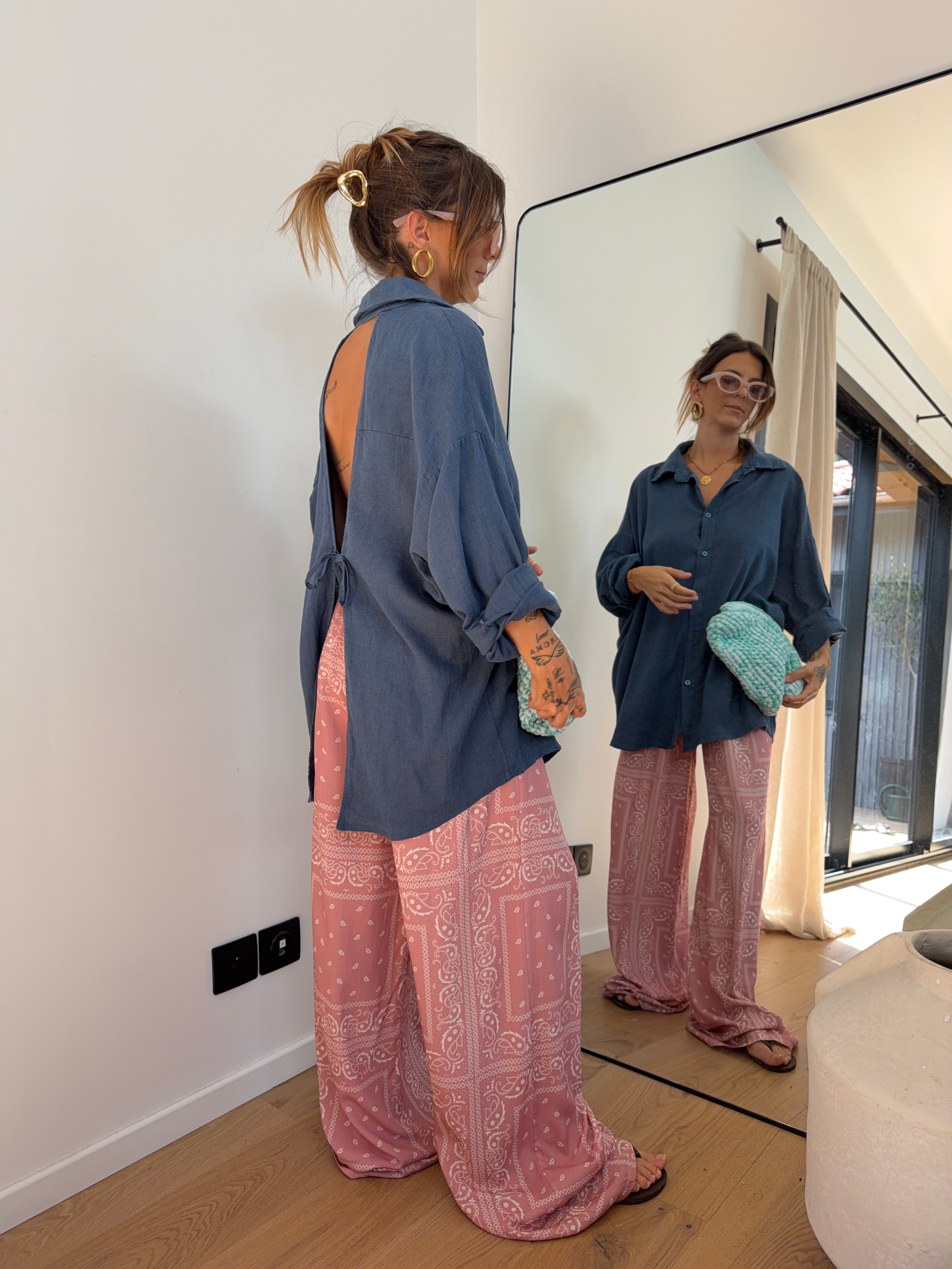 Chemise dos nu en lin - bleue