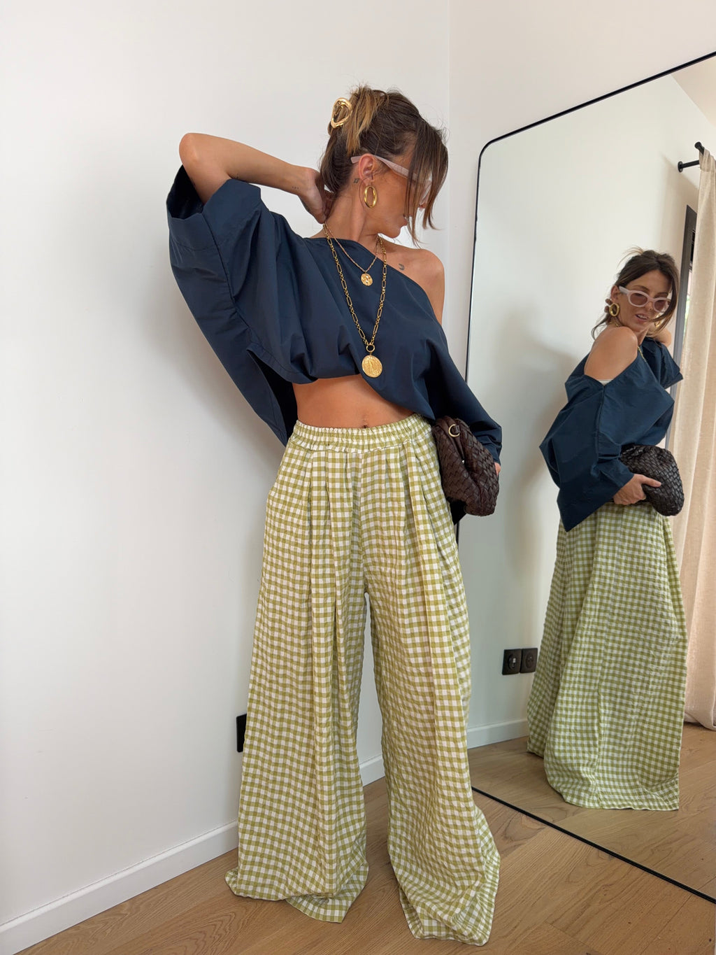 Pantalon large à carreaux - vert anis