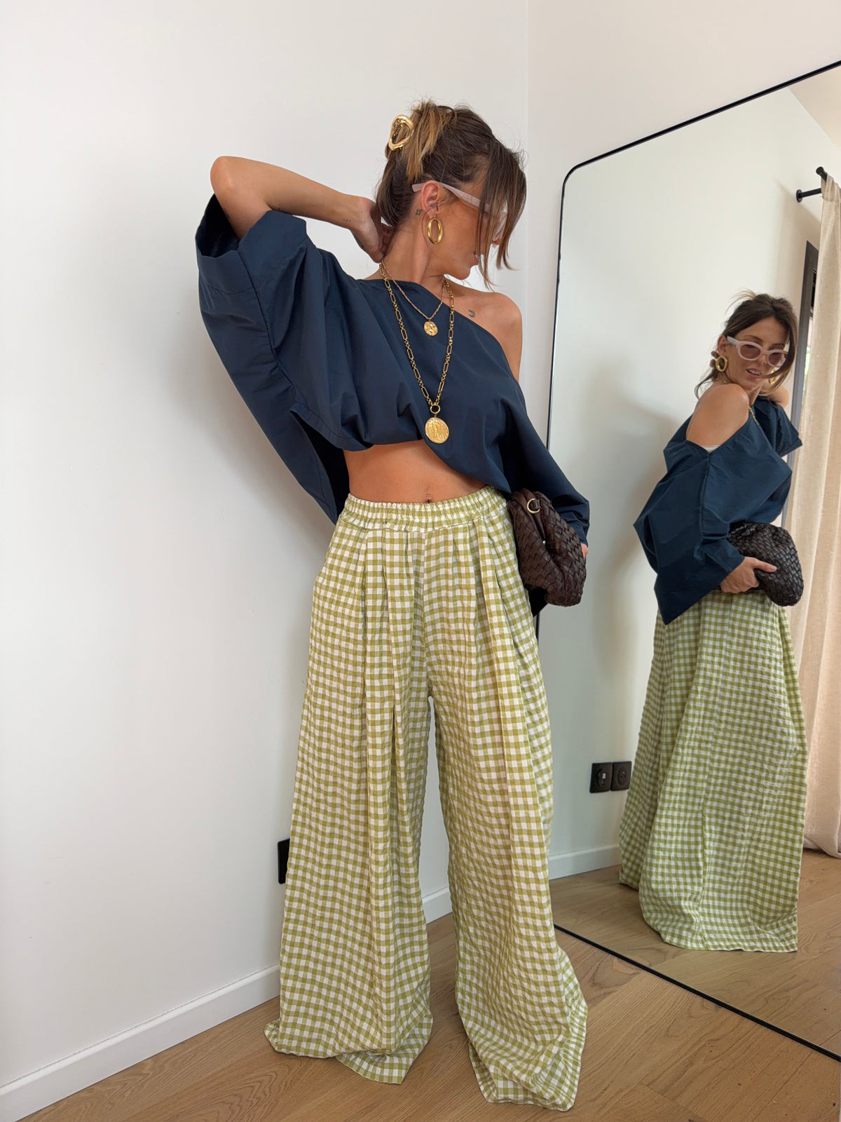 Pantalon large à carreaux - vert anis