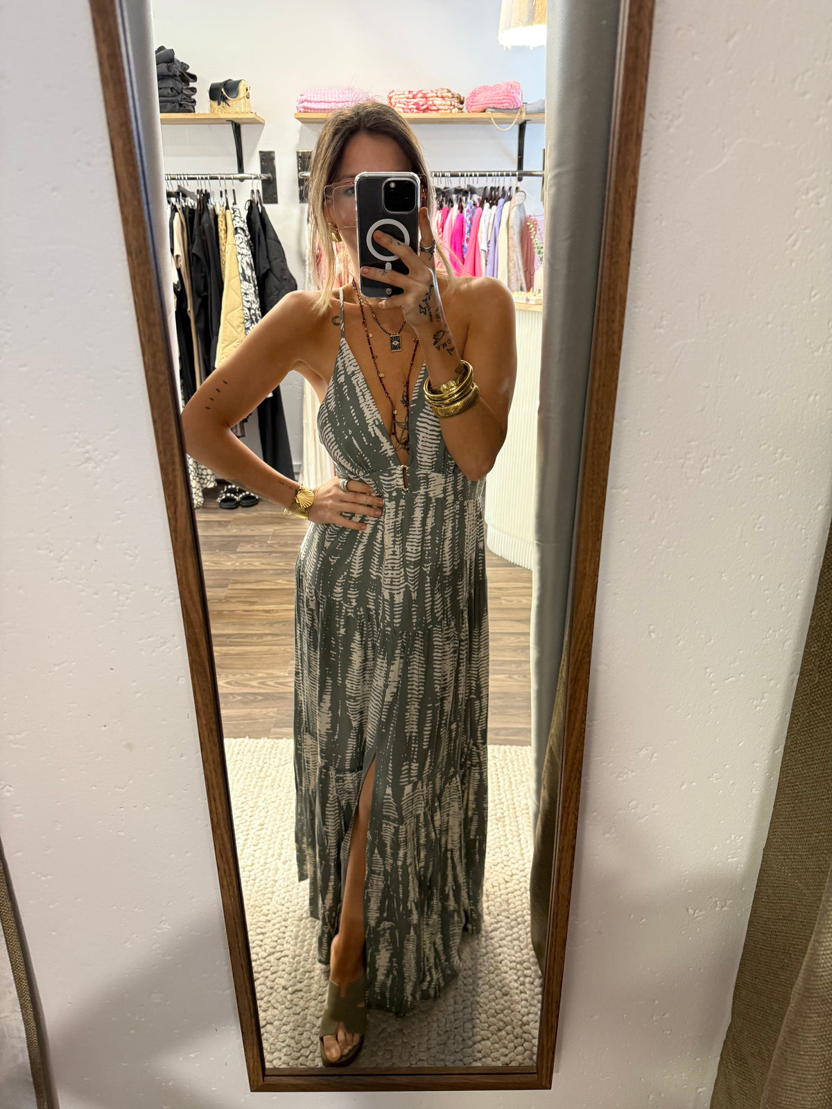 Robe dos nu à motifs - kaki
