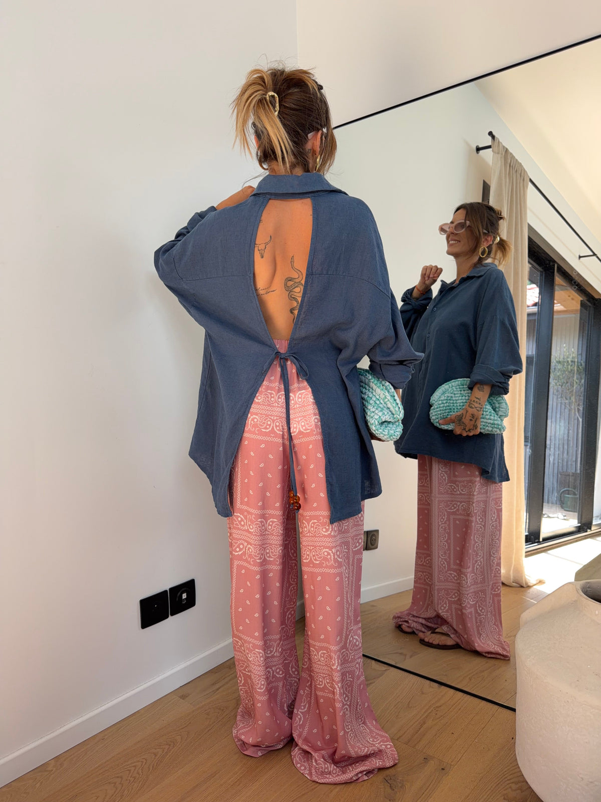 Chemise dos nu en lin - bleue