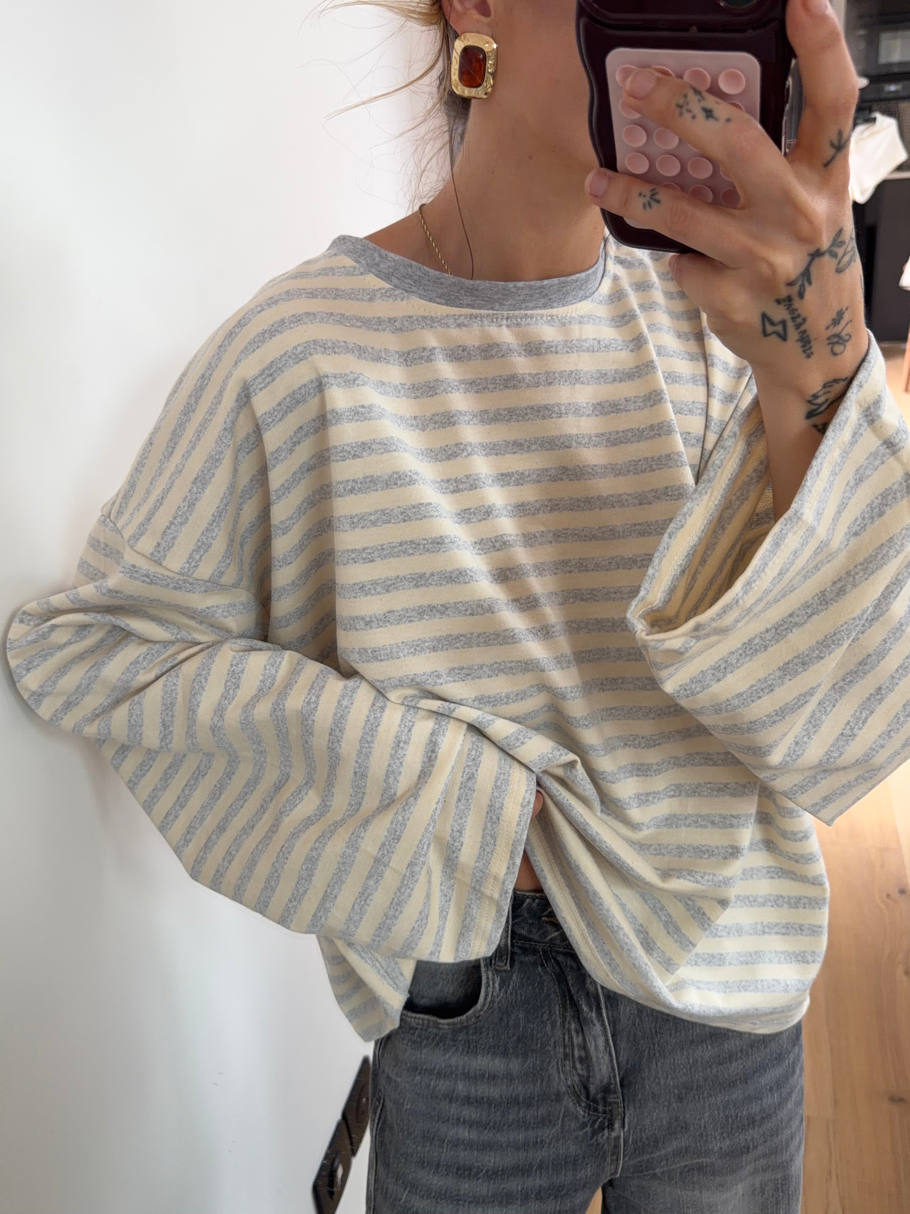 T-shirt manches longues rayé - gris et beige