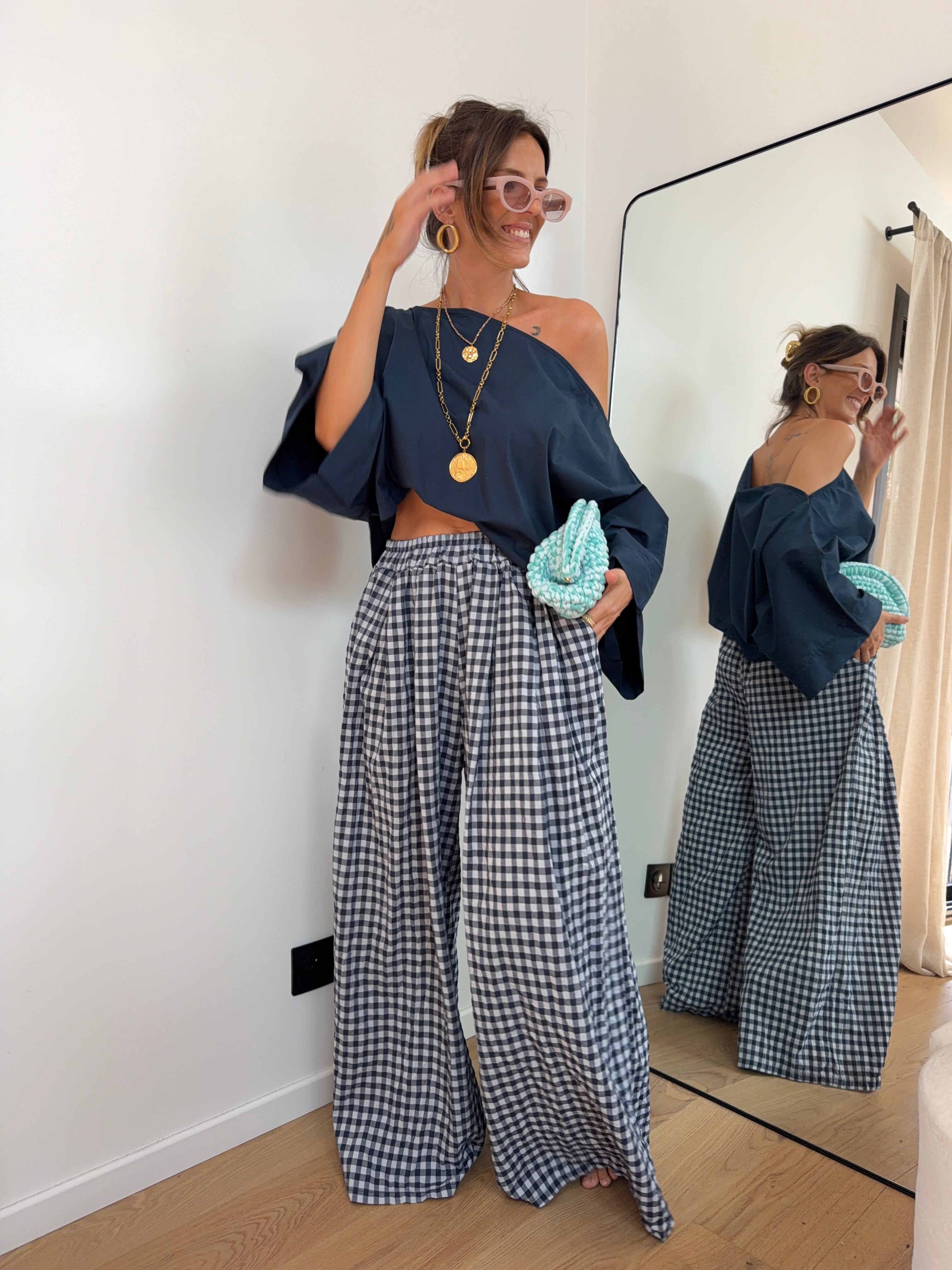 Pantalon large à carreaux - bleu marine