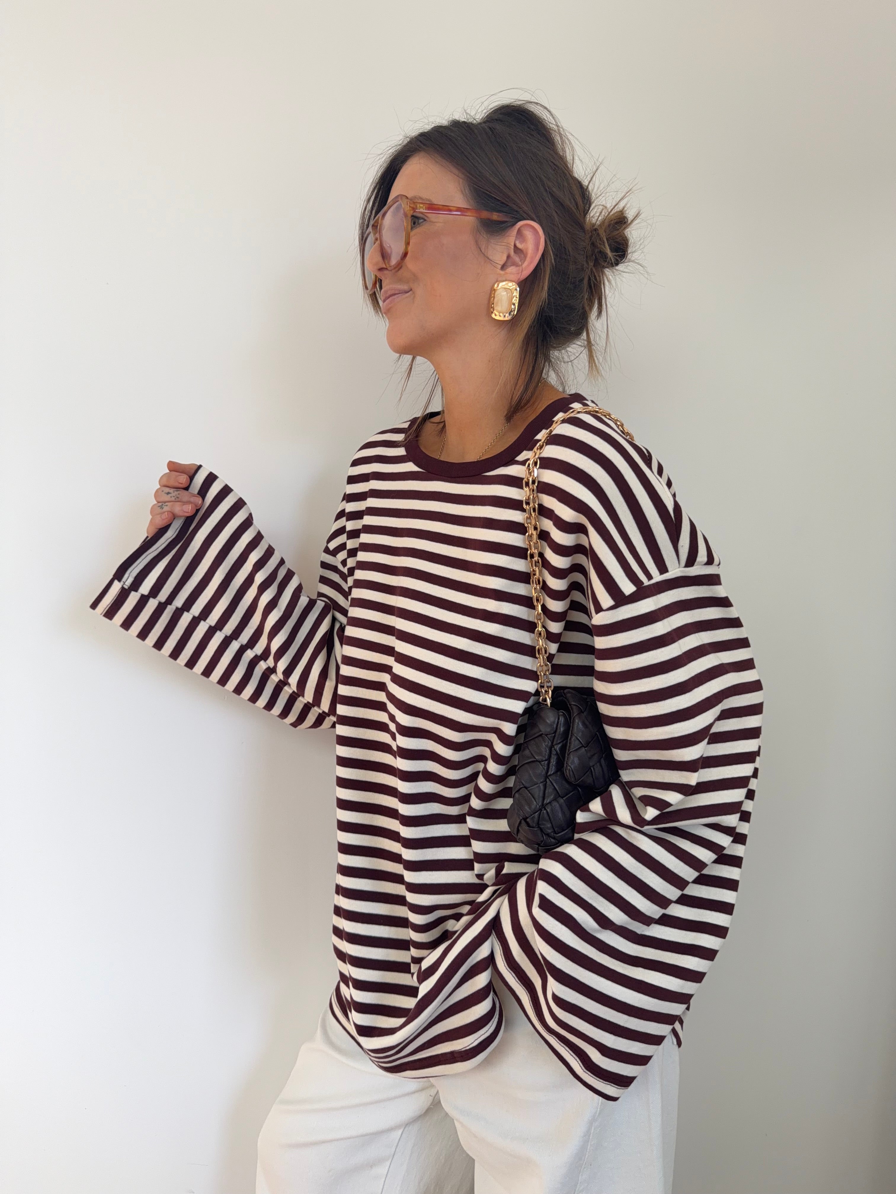 T-shirt manches longues rayé - prune