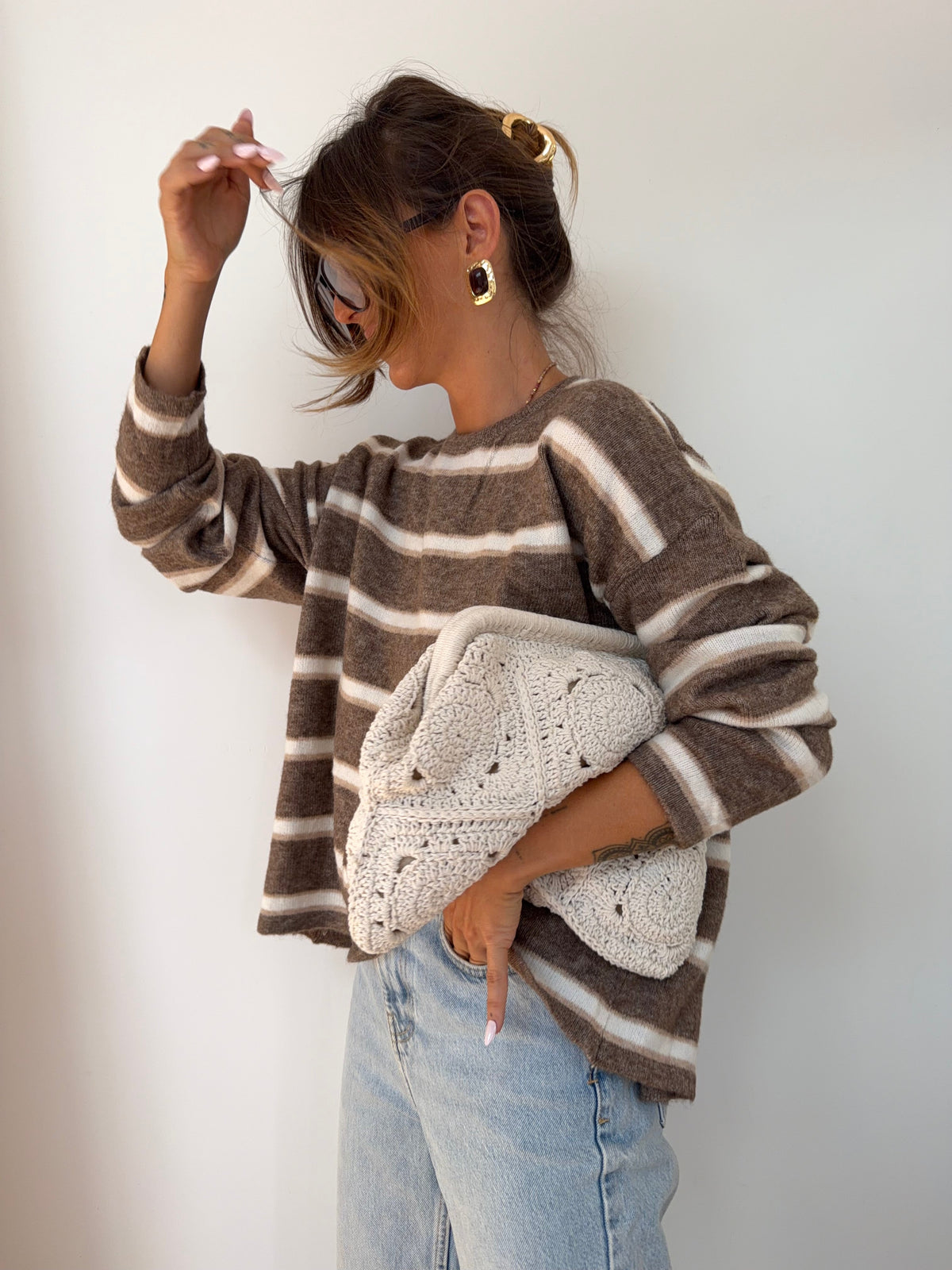 Pull rayé avec noeud - beige
