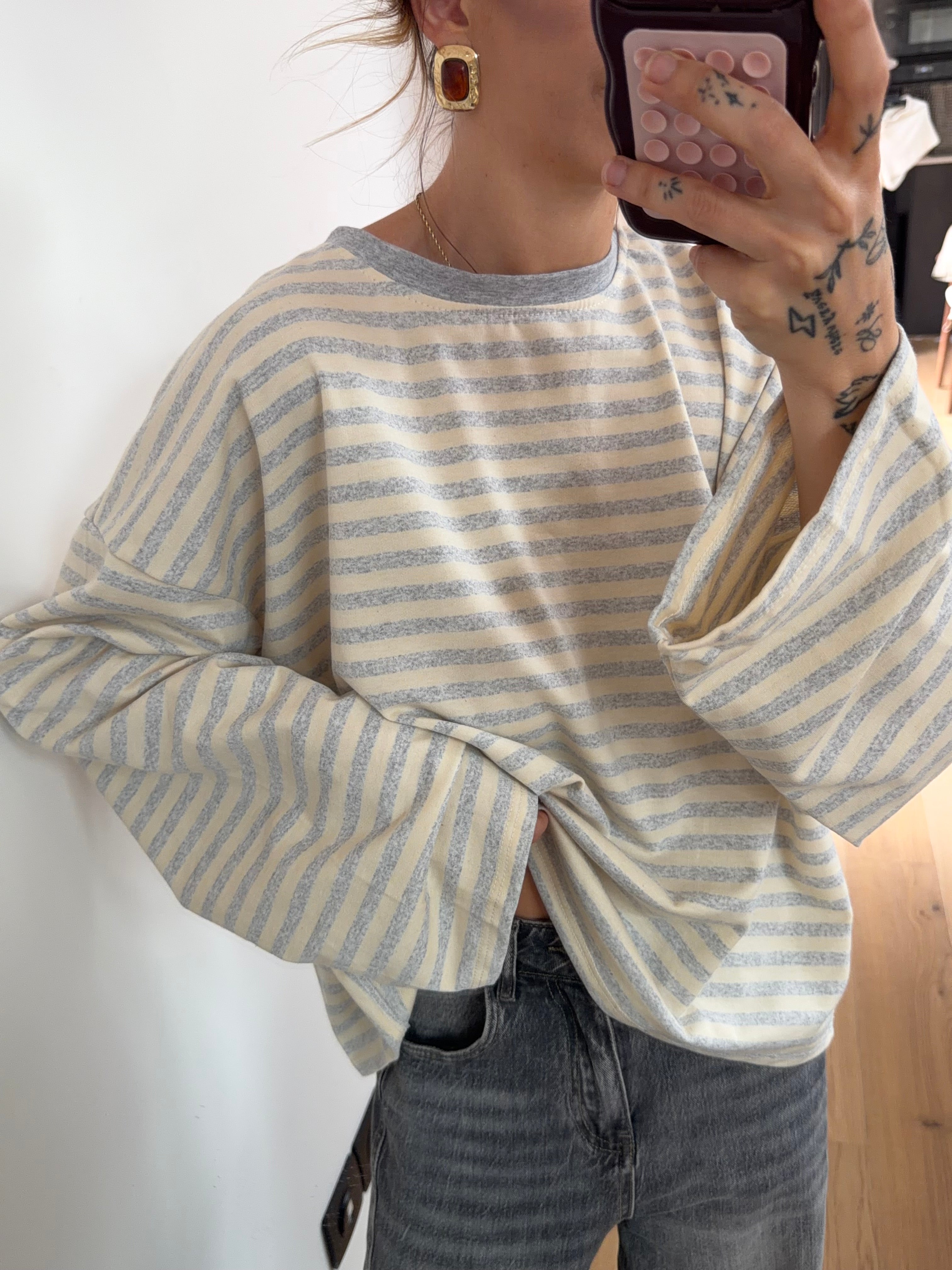 T-shirt manches longues rayé - gris et beige