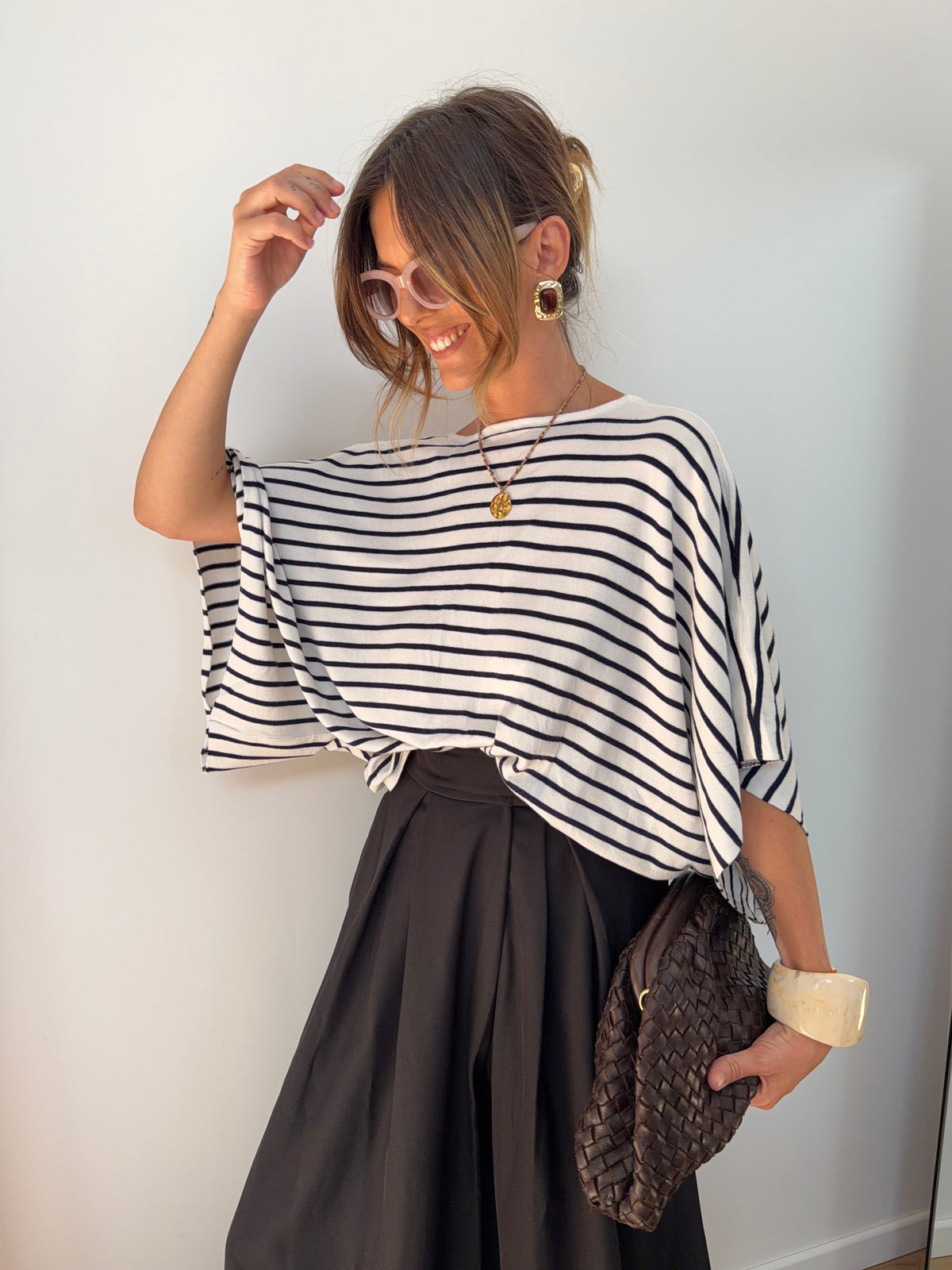 Pull fin dos en V Lover's - rayé bleu