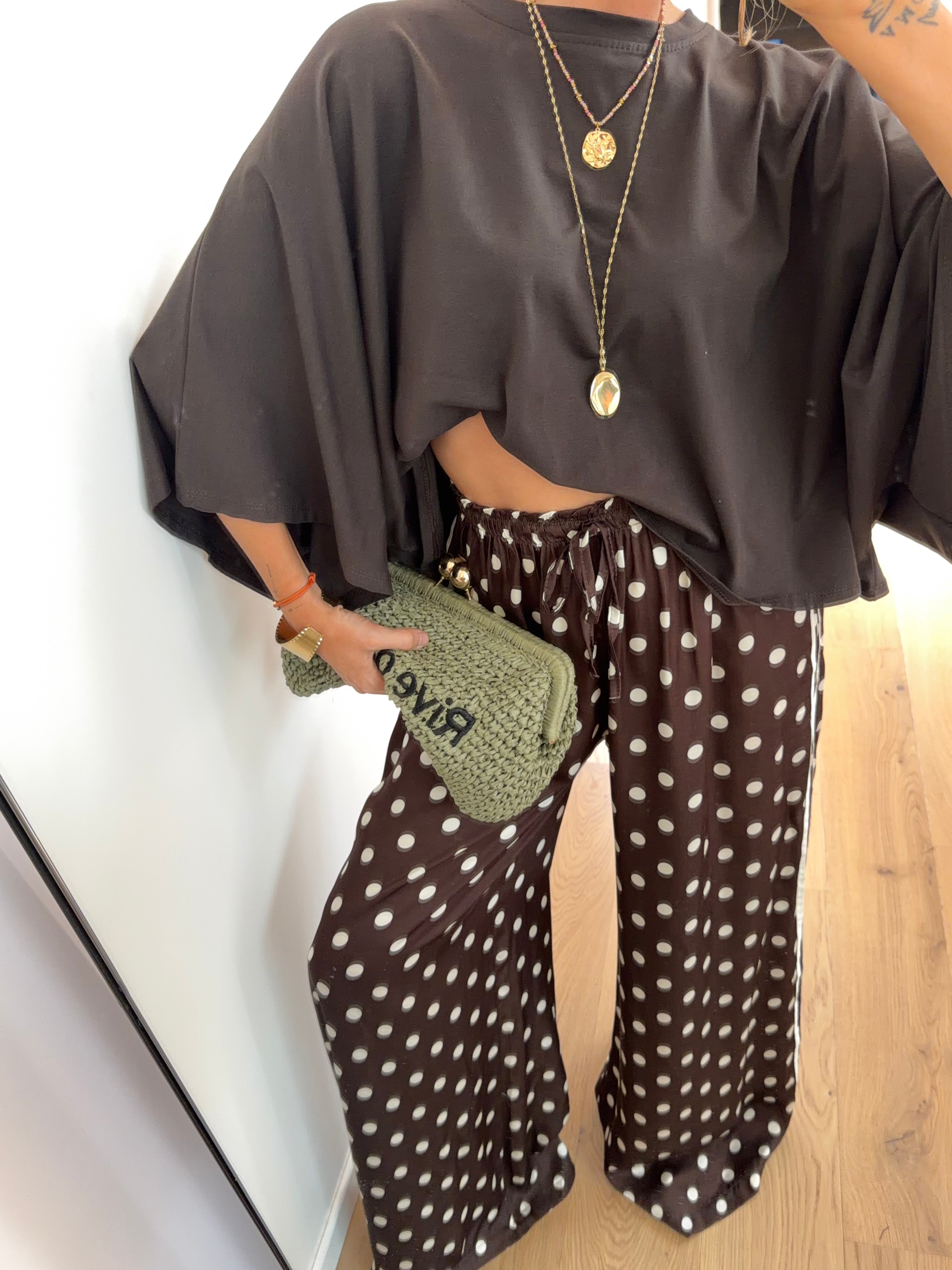 Pantalon en soie fluide à pois - chocolat