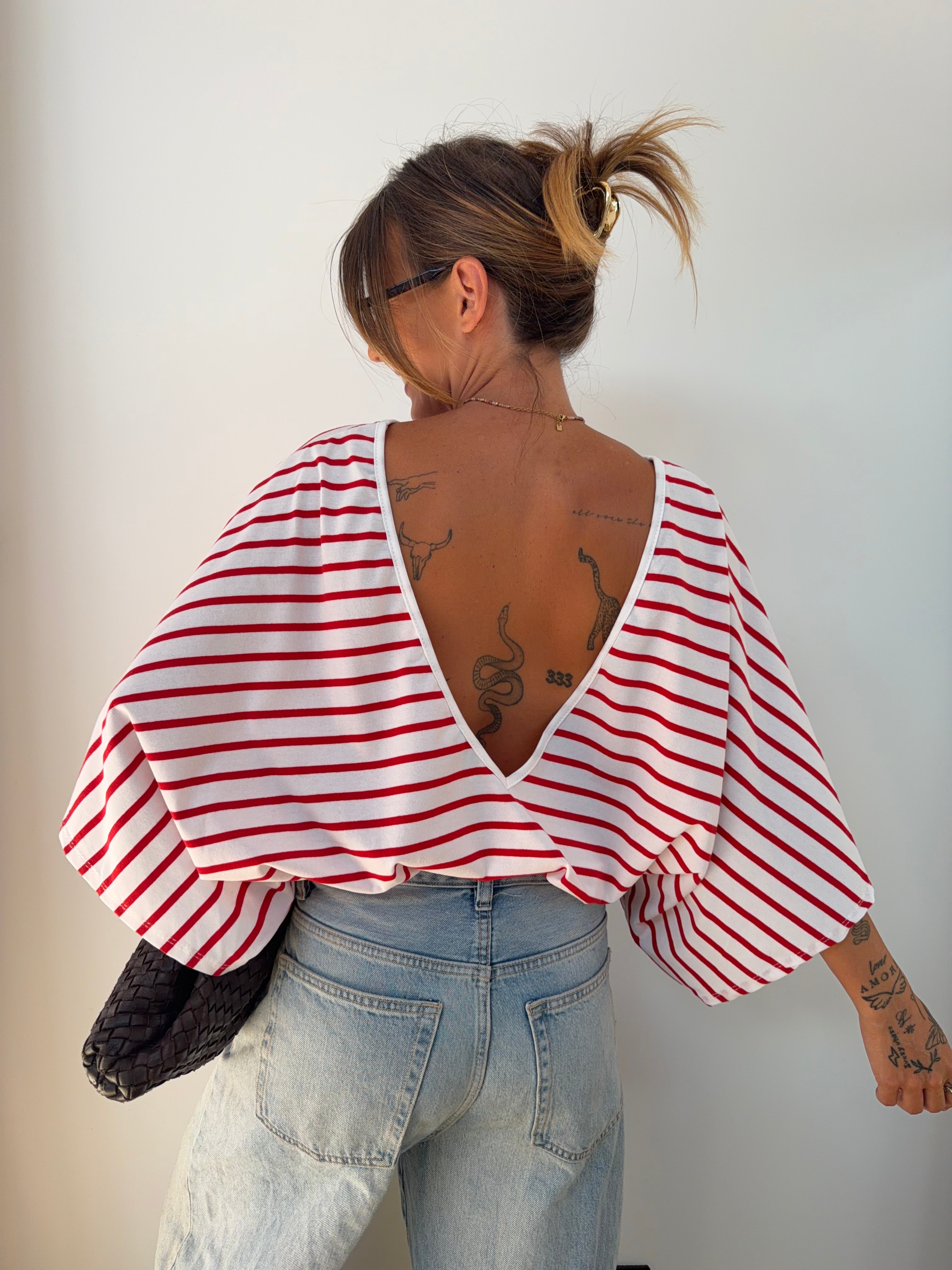 T-shirt dos nu V - blanc rayé rouge