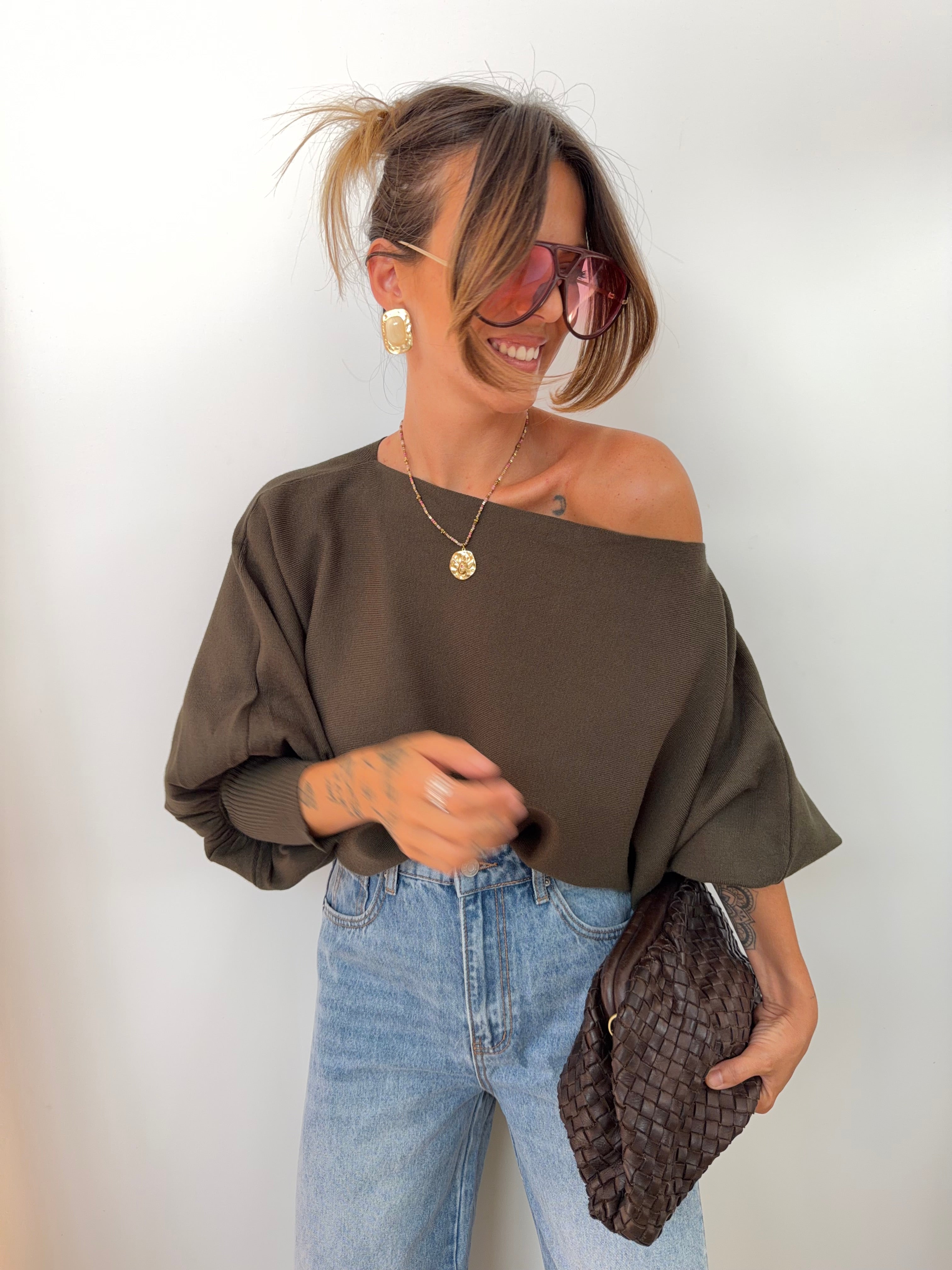 Pull asymétrique court - kaki