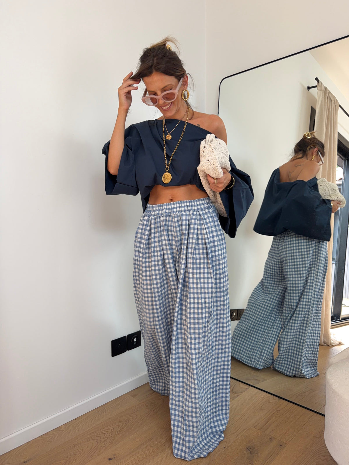 Pantalon large à carreaux - bleu clair