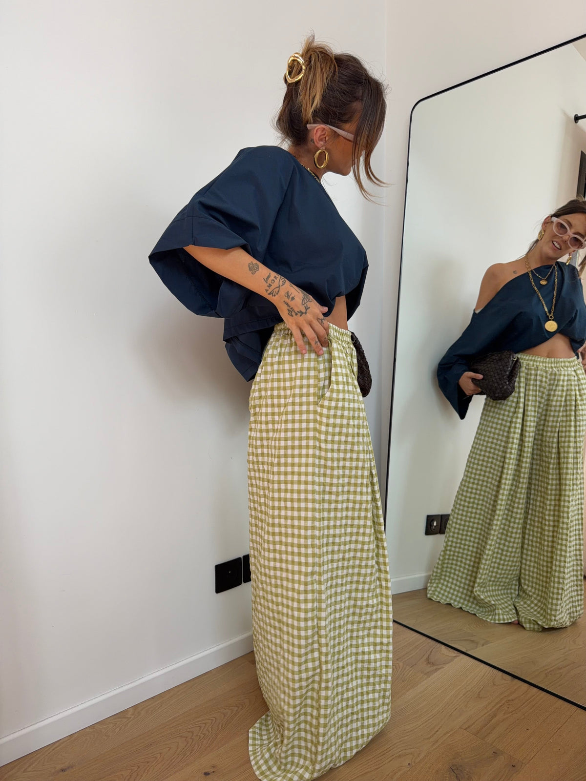 Pantalon large à carreaux - vert anis