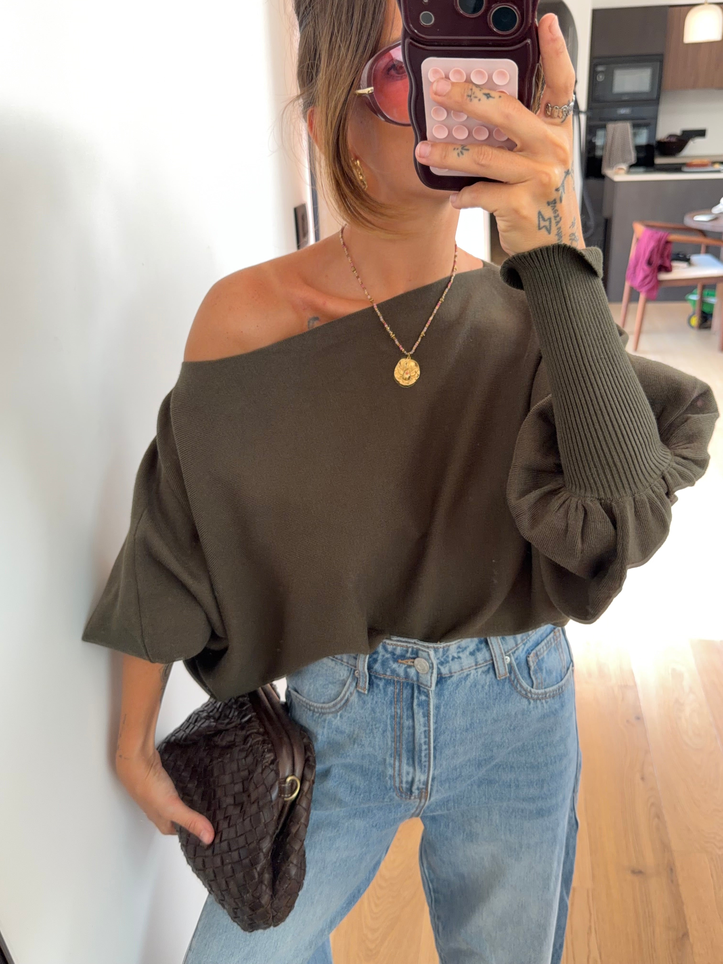 Pull asymétrique court - kaki